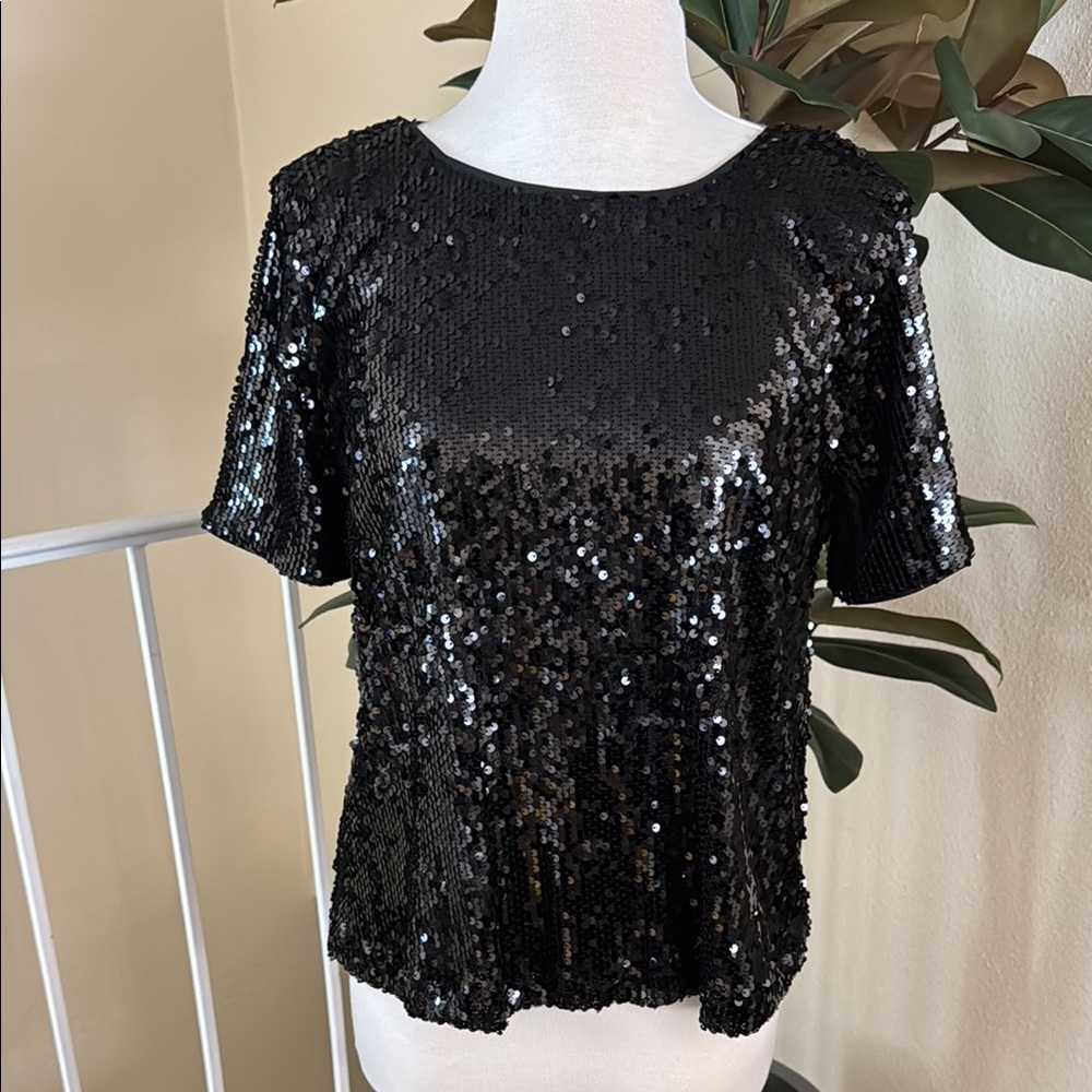 Nine West Sequin Black Blouse With Bow Back Tie Short Sleeve Top Size M
